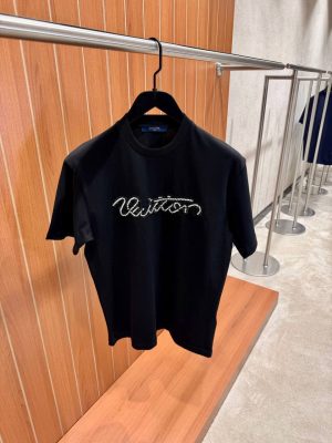 Black LV Embellished embroidered Signature cotton tee
