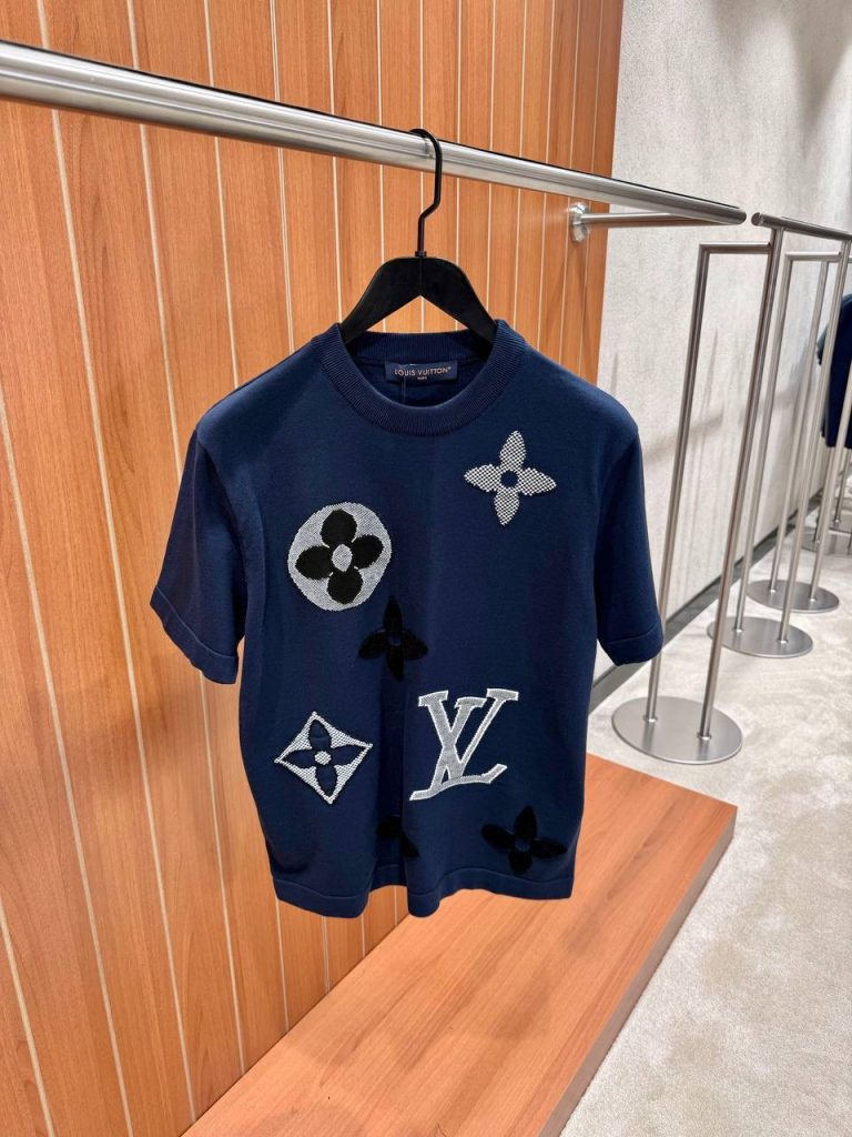 Navy LV jacquard knit monogram Short-sleeved cotton tee