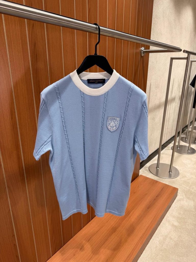 Blue LV embroidered League patch cable-knit stripes t-shirt