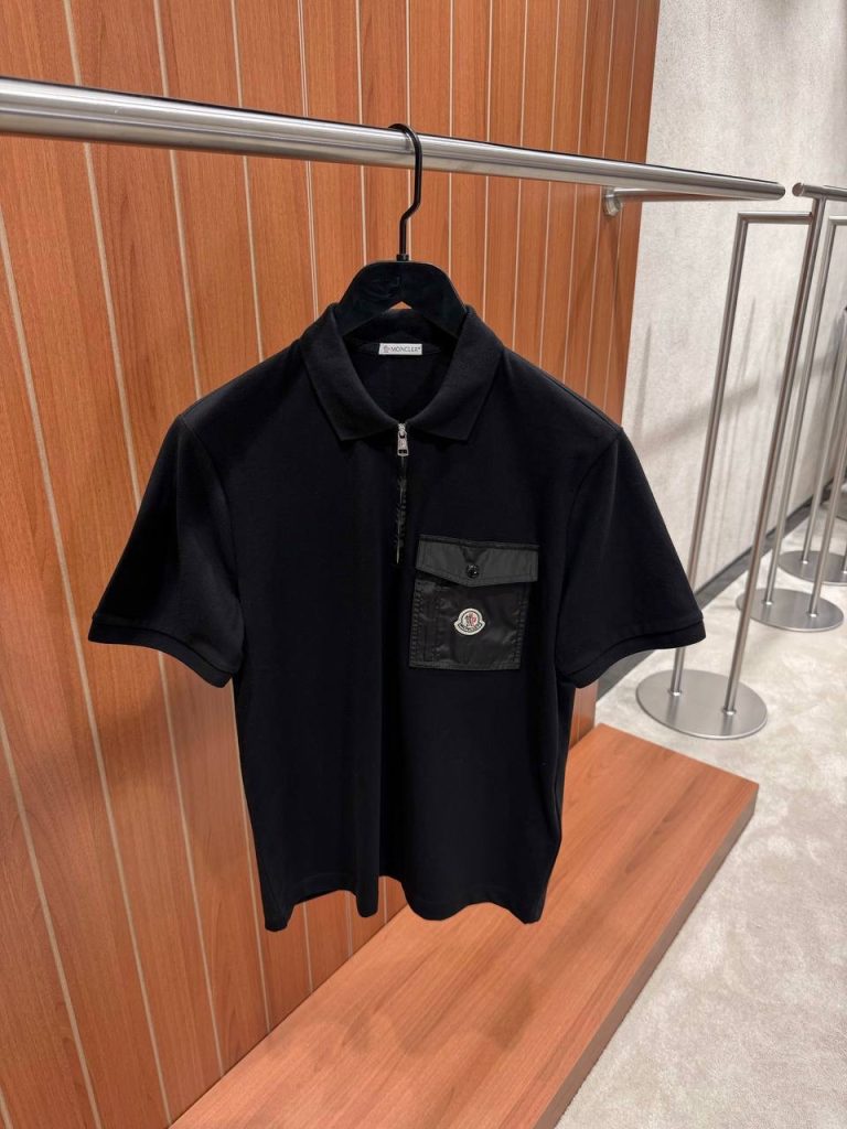 Black Moncler piqué-weave pocket cotton polo shirt