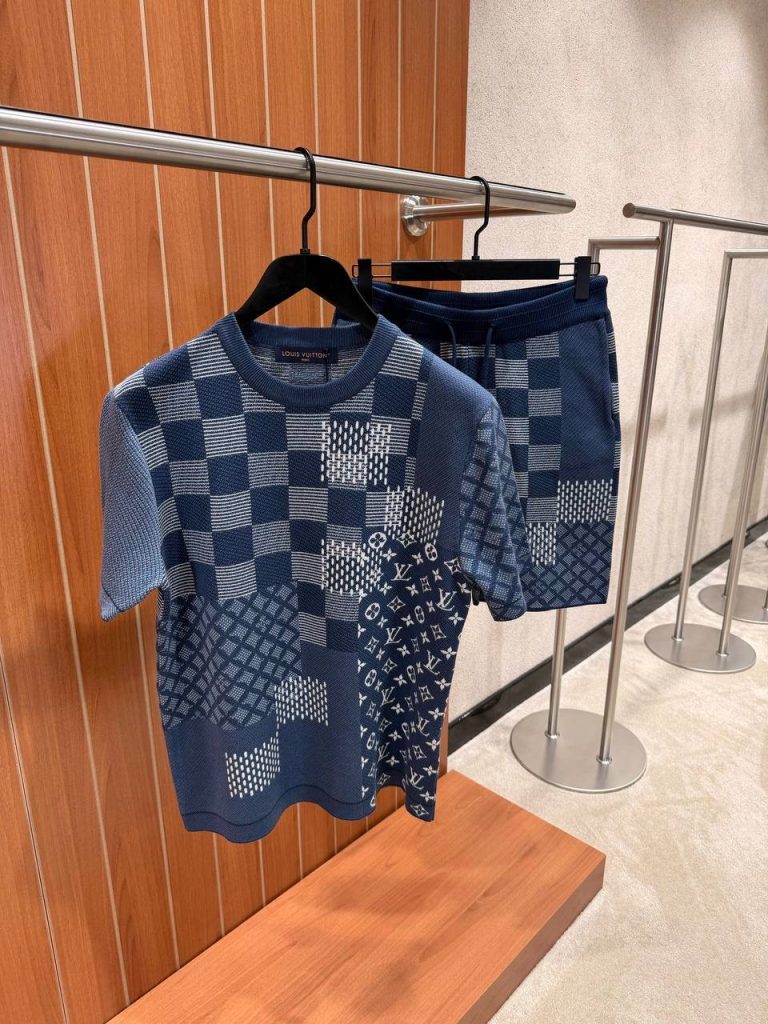 Blue LV knitted crewneck short sleeved tee and shorts