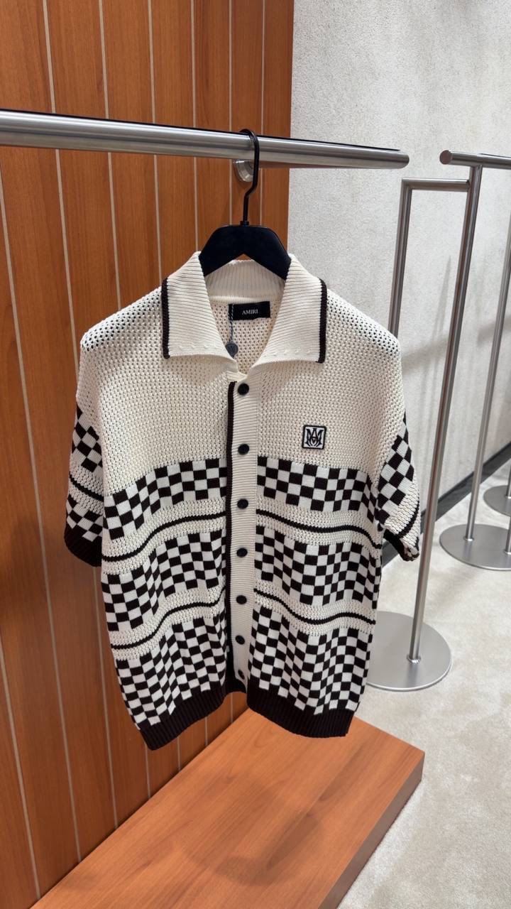 Beige Amiri Checkered mesh polo cotton tee - Image 4