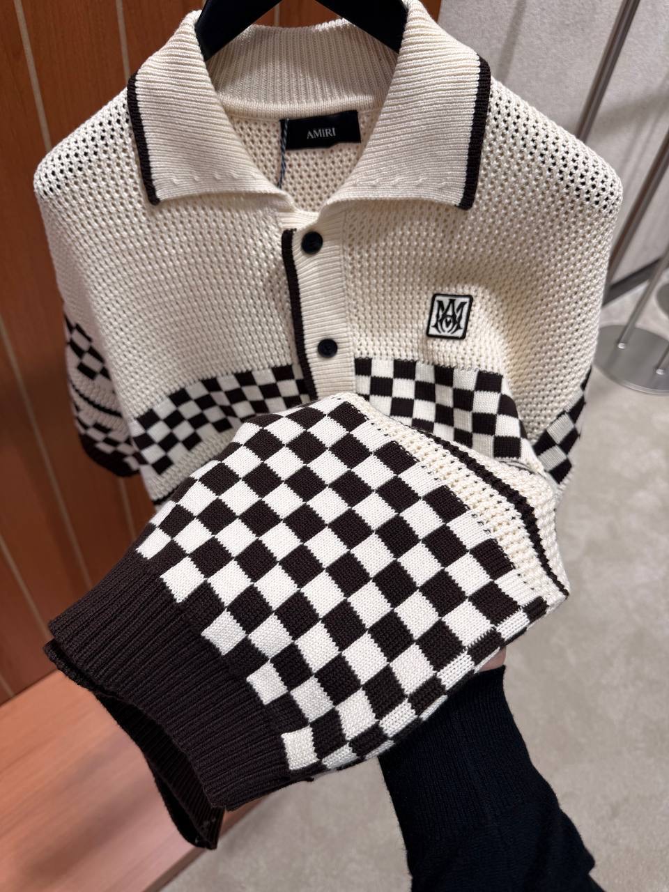 Beige Amiri Checkered mesh polo cotton tee - Image 3