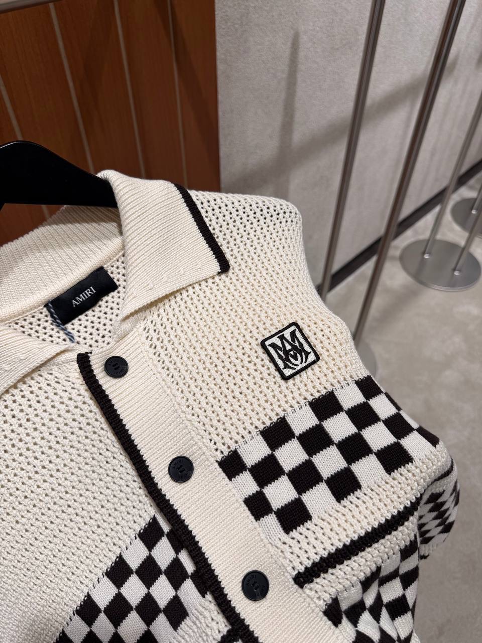 Beige Amiri Checkered mesh polo cotton tee - Image 5