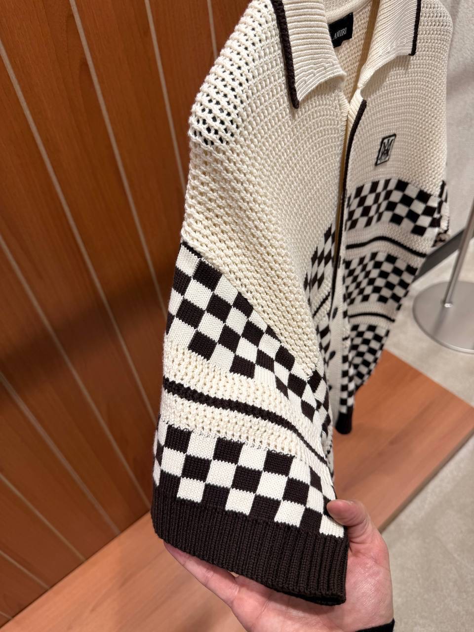 Beige Amiri Checkered mesh polo cotton tee - Image 6