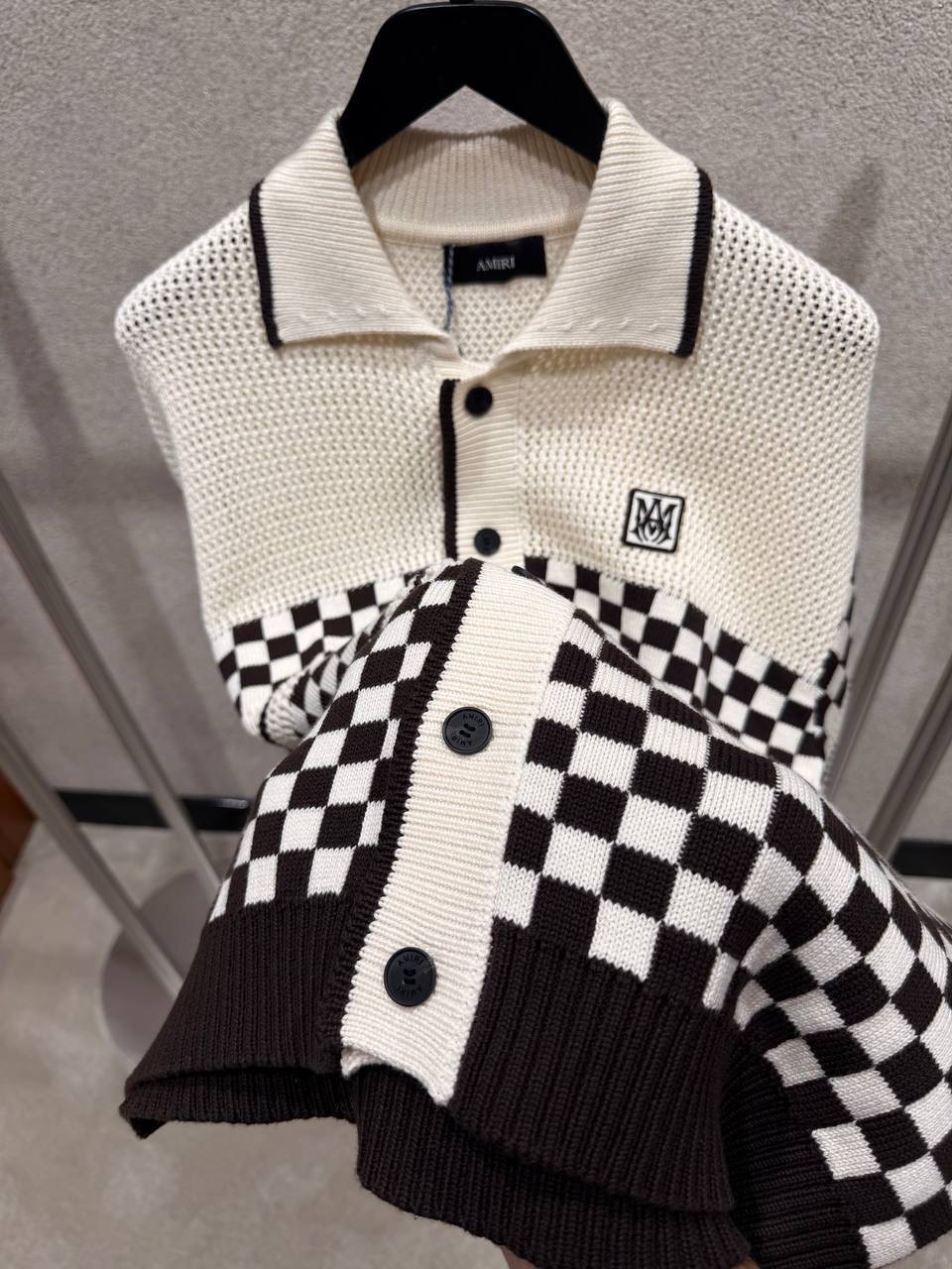 Beige Amiri Checkered mesh polo cotton tee - Image 8