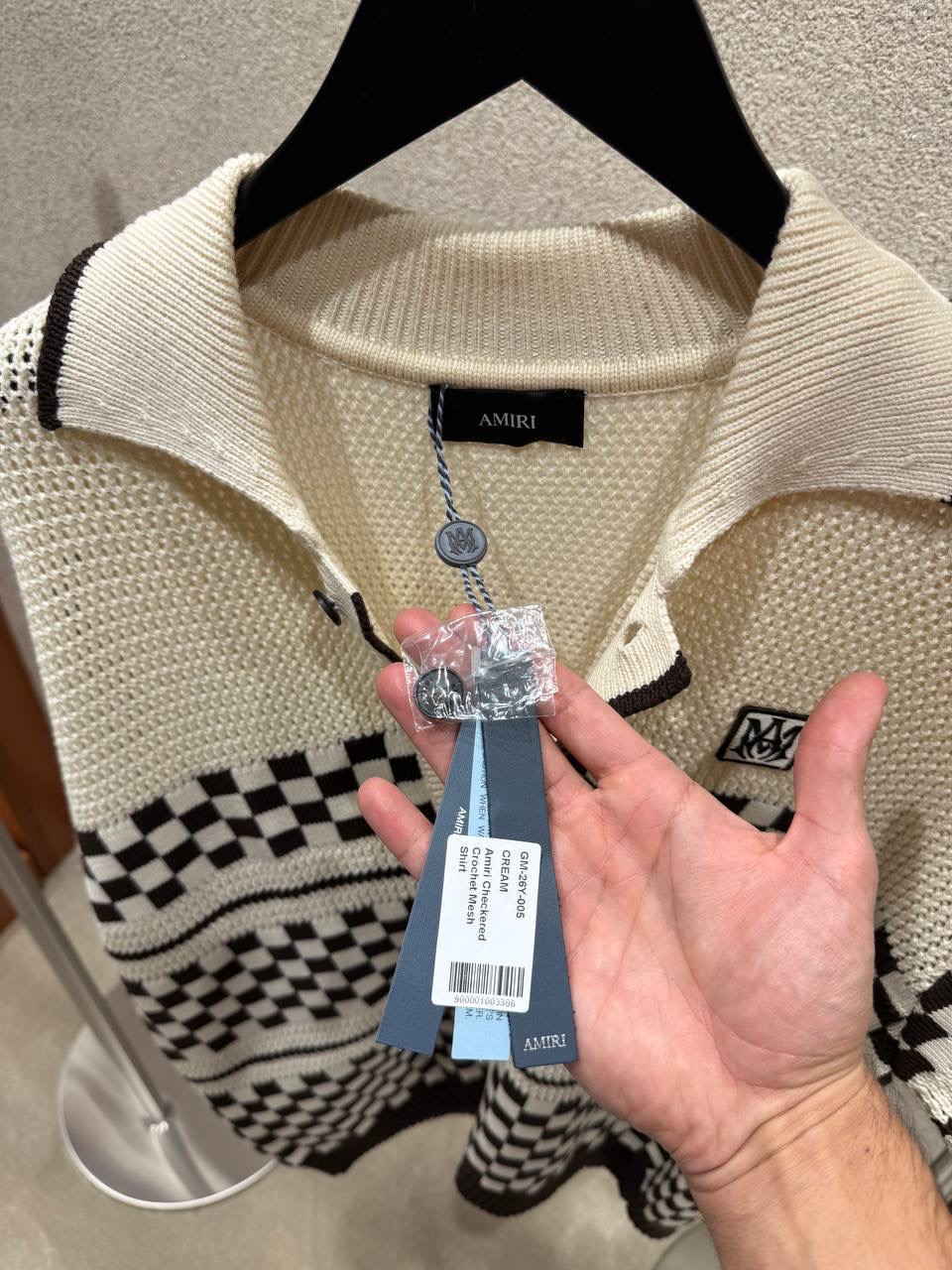 Beige Amiri Checkered mesh polo cotton tee - Image 9