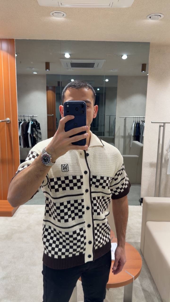 Beige Amiri Checkered mesh polo cotton tee - Image 10