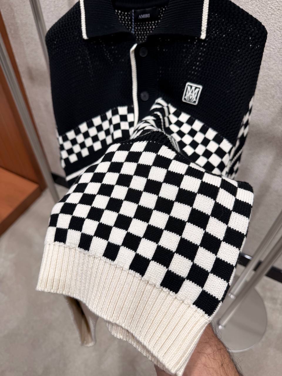 Black Amiri Checkered mesh polo cotton tee - Image 3