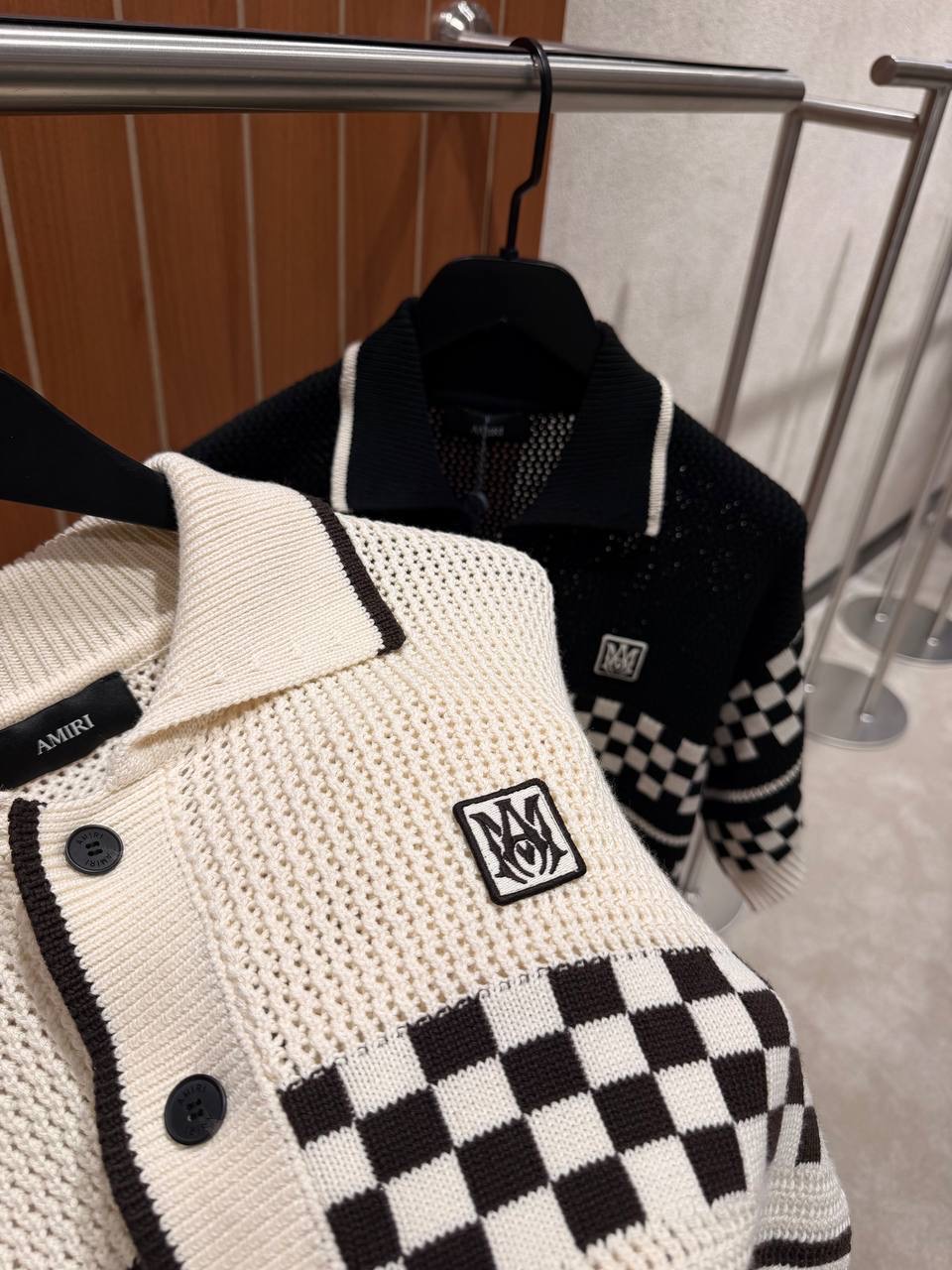 Beige Amiri Checkered mesh polo cotton tee - Image 11