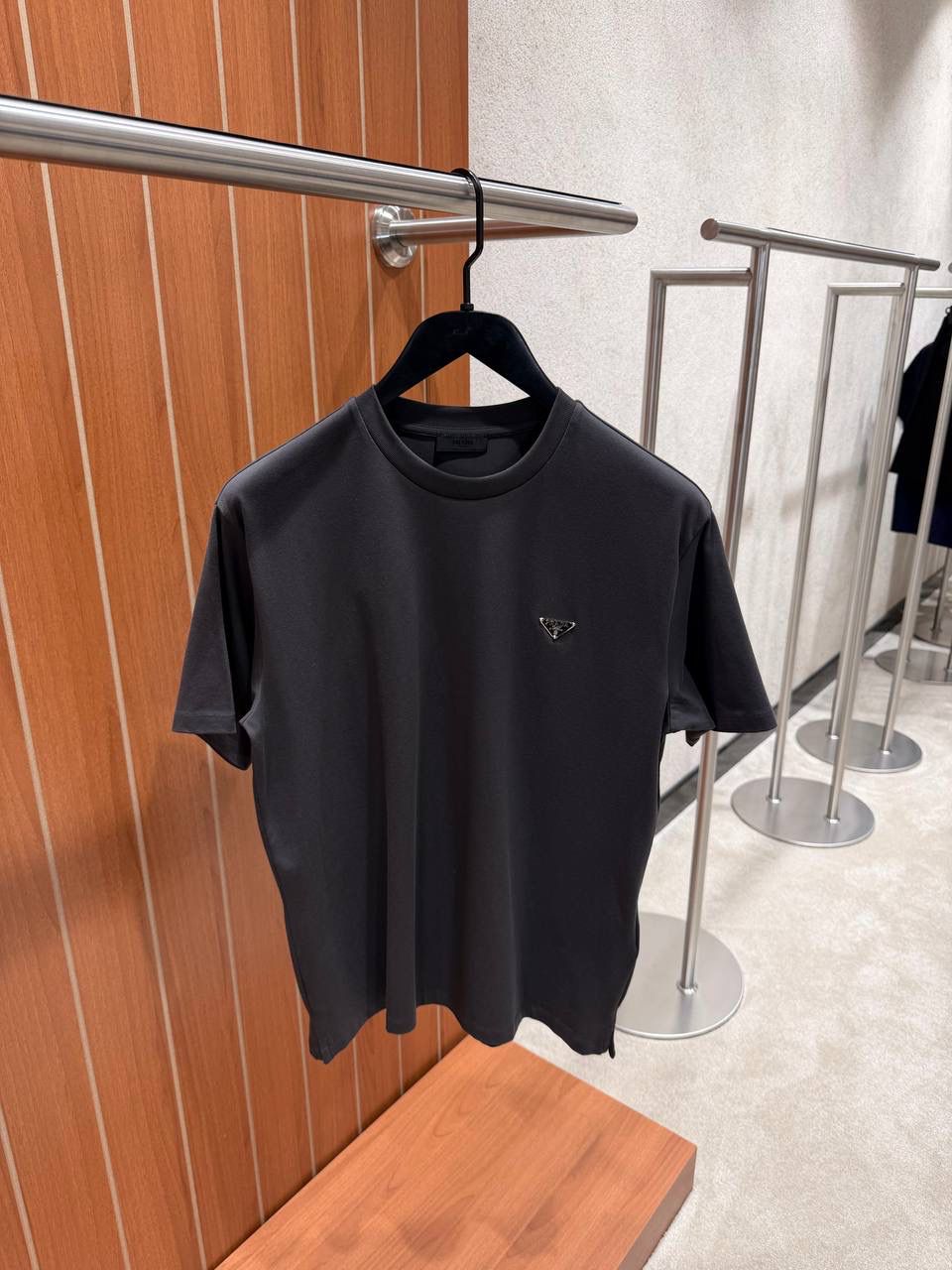 Smoked prada signature enamel triangle logo plaque cotton tee