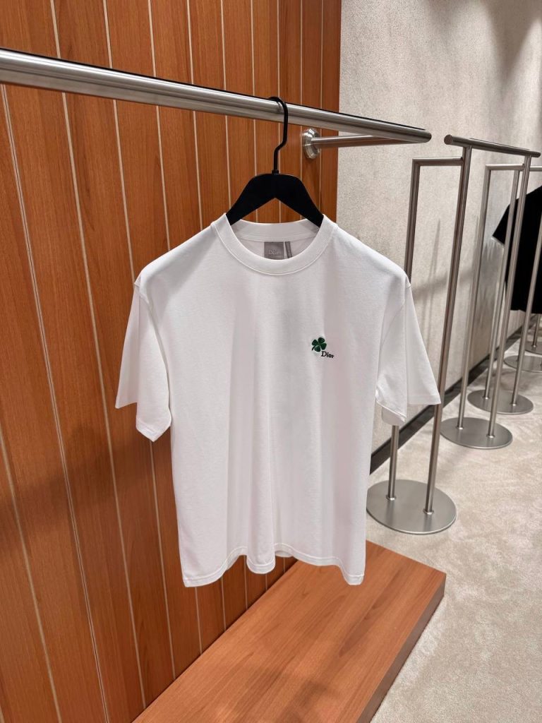 White Dior embroidered Clover motifs cotton tee