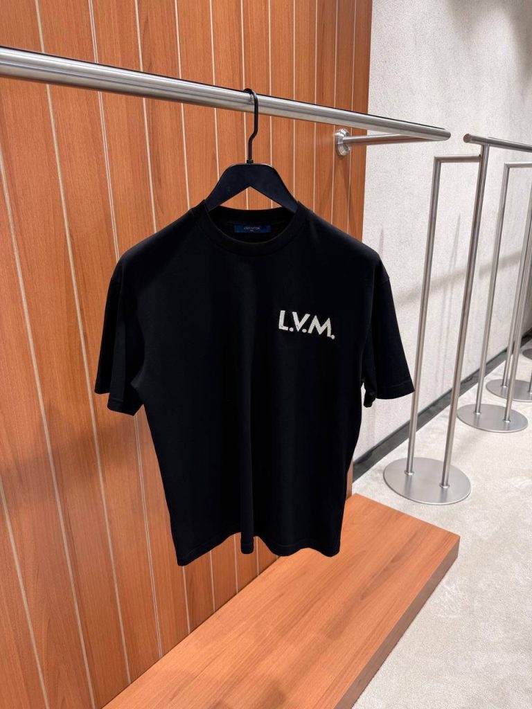 Black LV LVM embroidered signature cotton tee