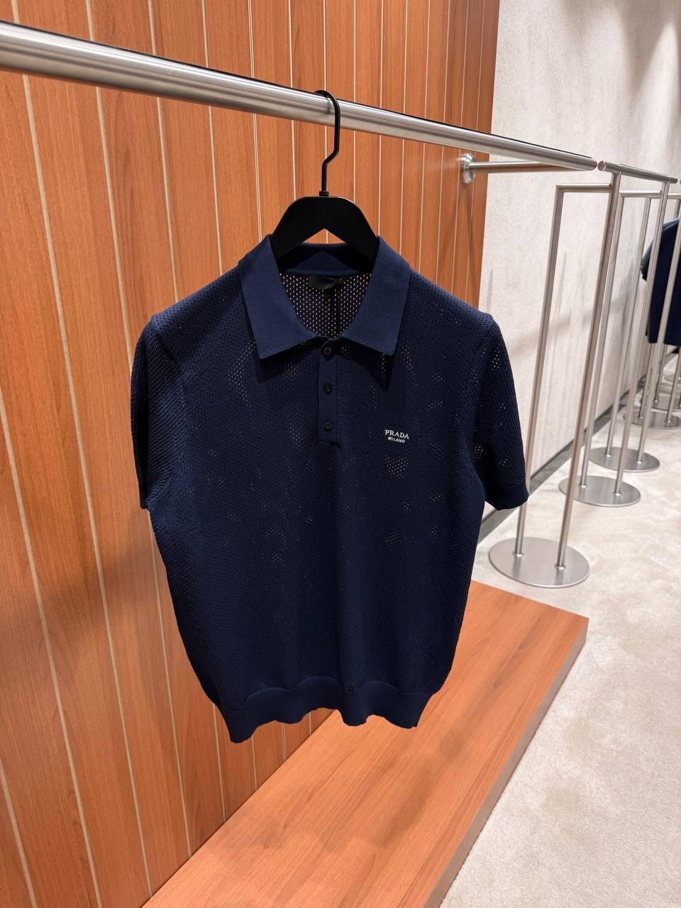Navy Prada perforated polo shirt