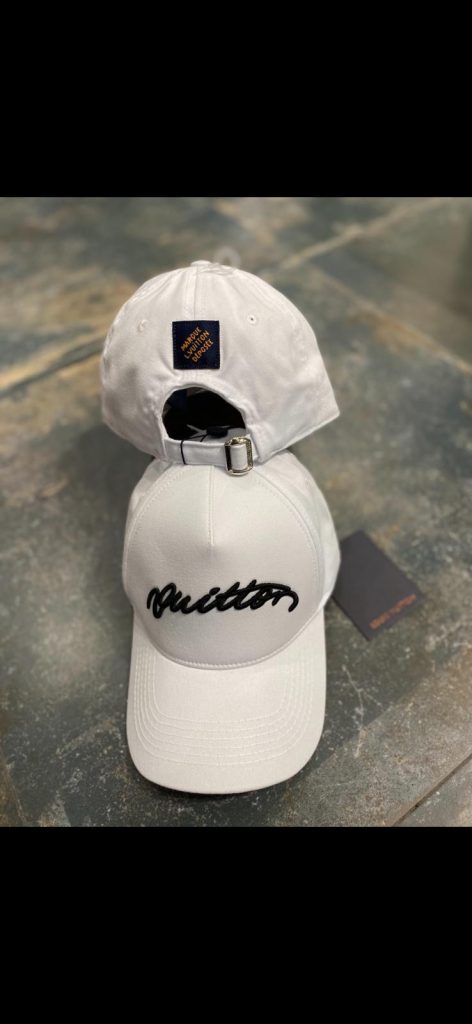 White LV Signature script embroidery Cap