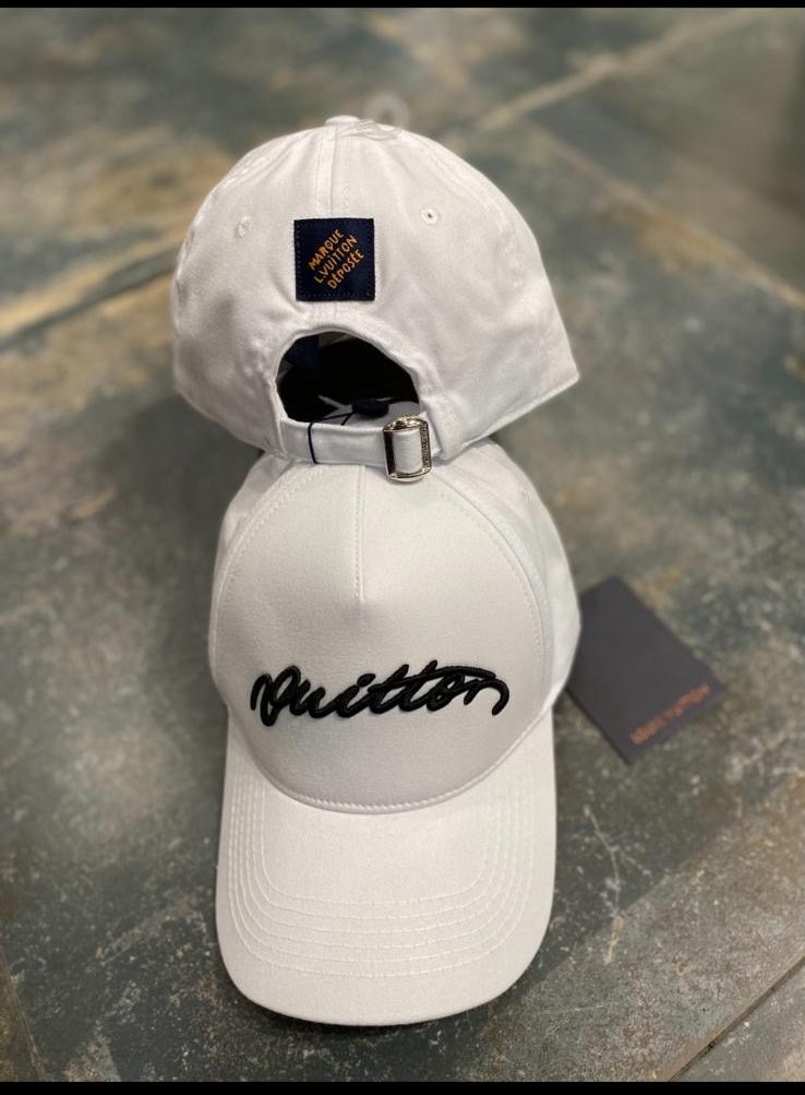 White LV Signature script embroidery Cap