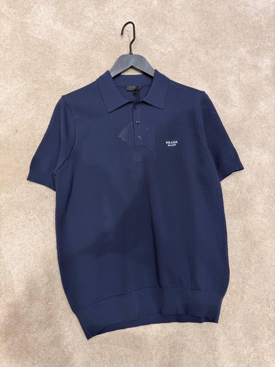 Navy Prada perforated polo shirt - Image 3
