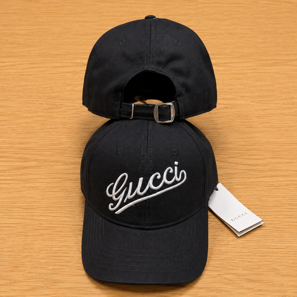 Black Gucci script embroidery baseball cap