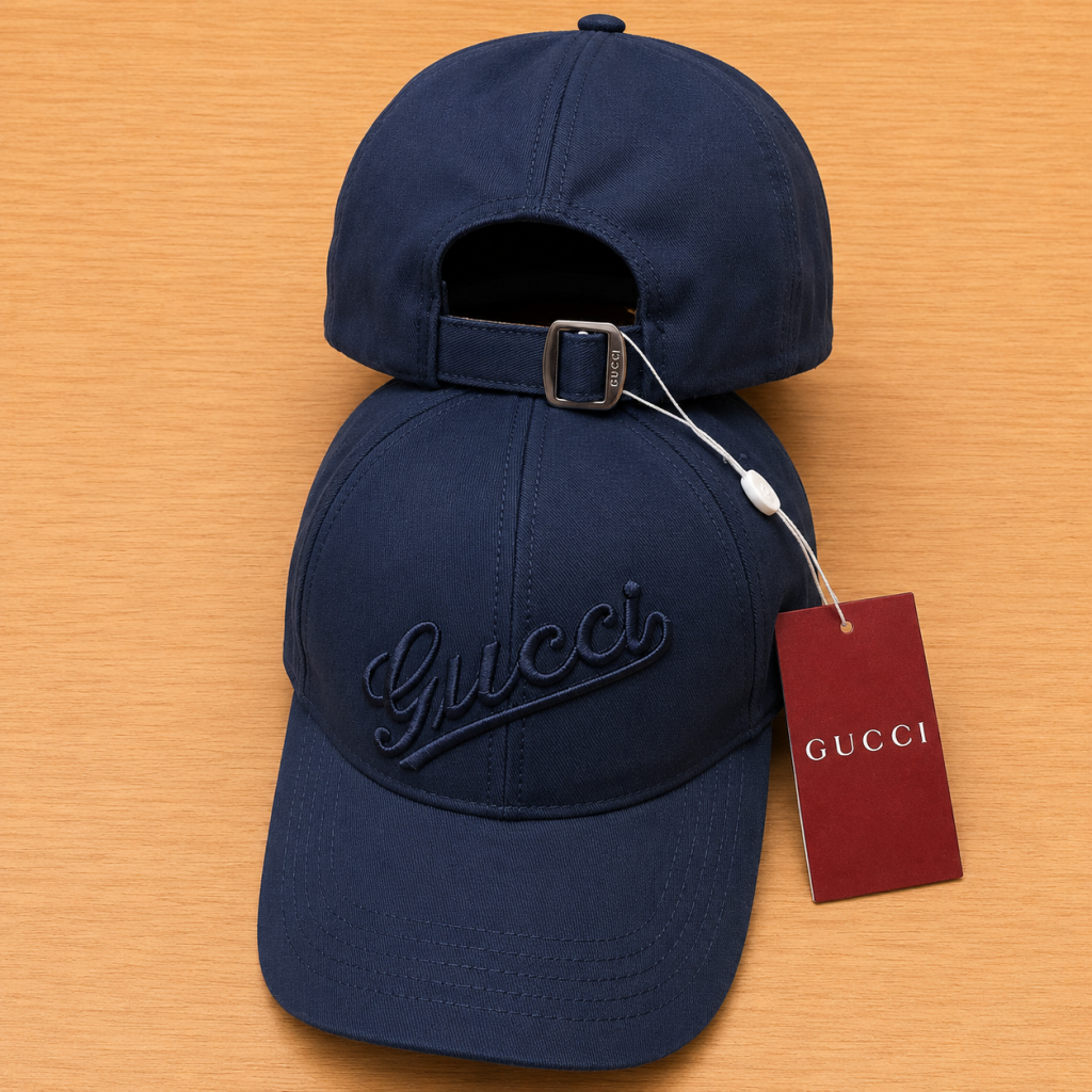 Navy Gucci script embroidery baseball cap