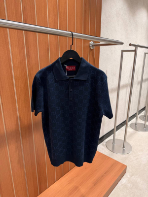 Dark blue Gucci GG-patterned stitch knit polo tee