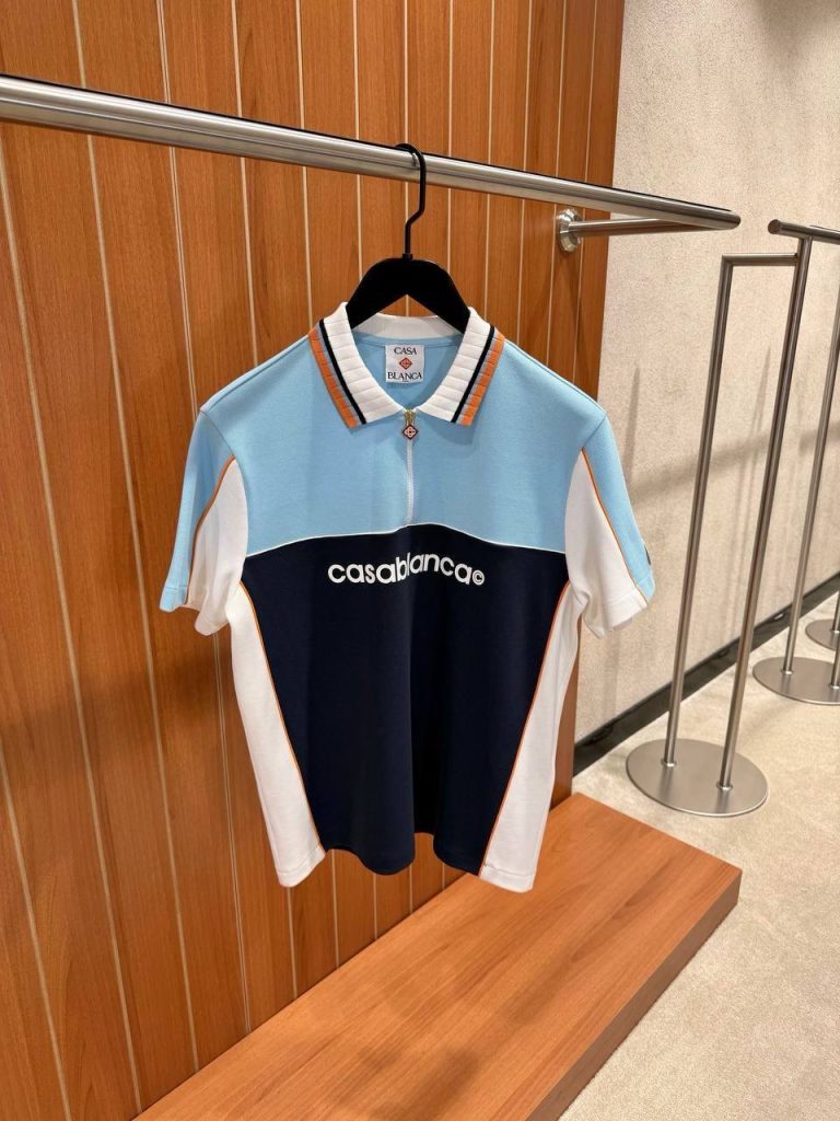 Blue Casablanca Colour-block Zip-neck polo cotton tee