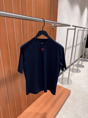 Navy Fendi FF logo embroidered cotton tee