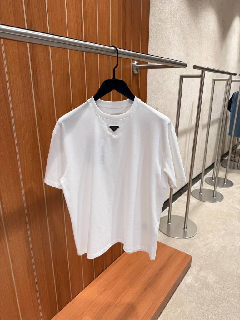 White Prada aviator enameled metal triangle neck logo cotton tee