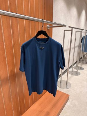 Blue Prada aviator enameled metal triangle neck logo cotton tee