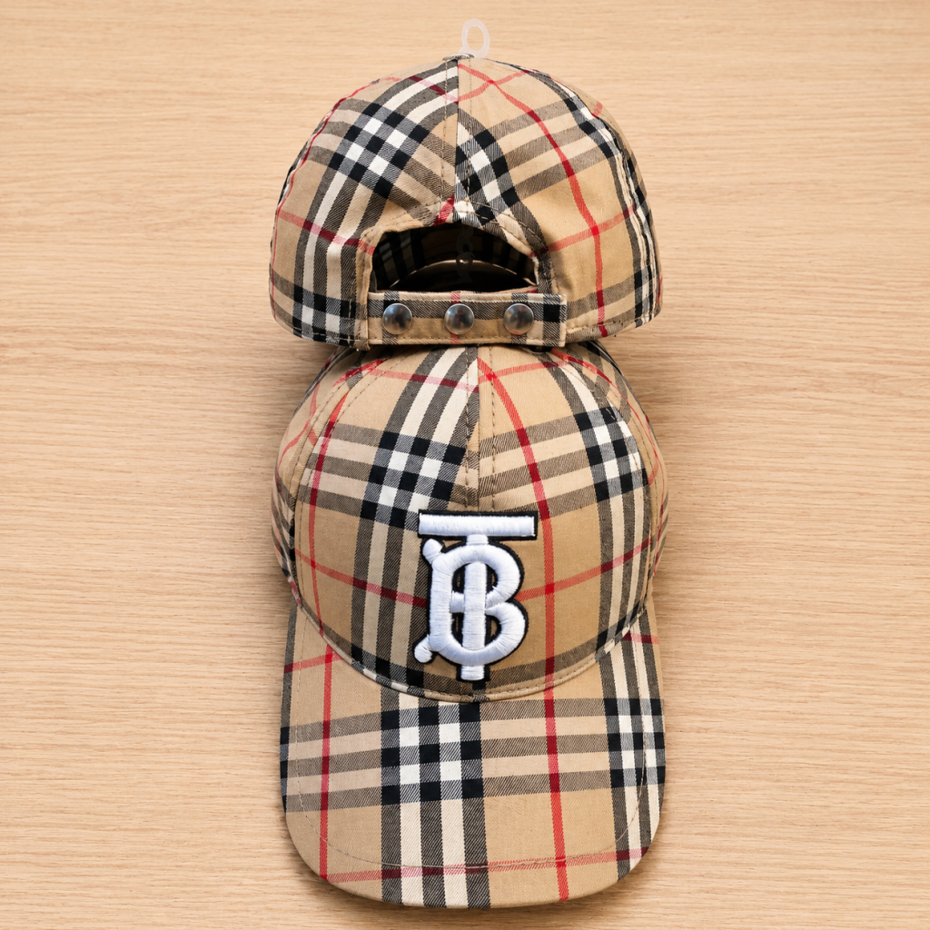 Beige Burberry vintage check cotton white TB logo appliqué baseball hat