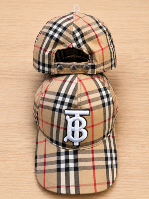 Beige Burberry vintage check cotton white TB logo appliqué baseball hat