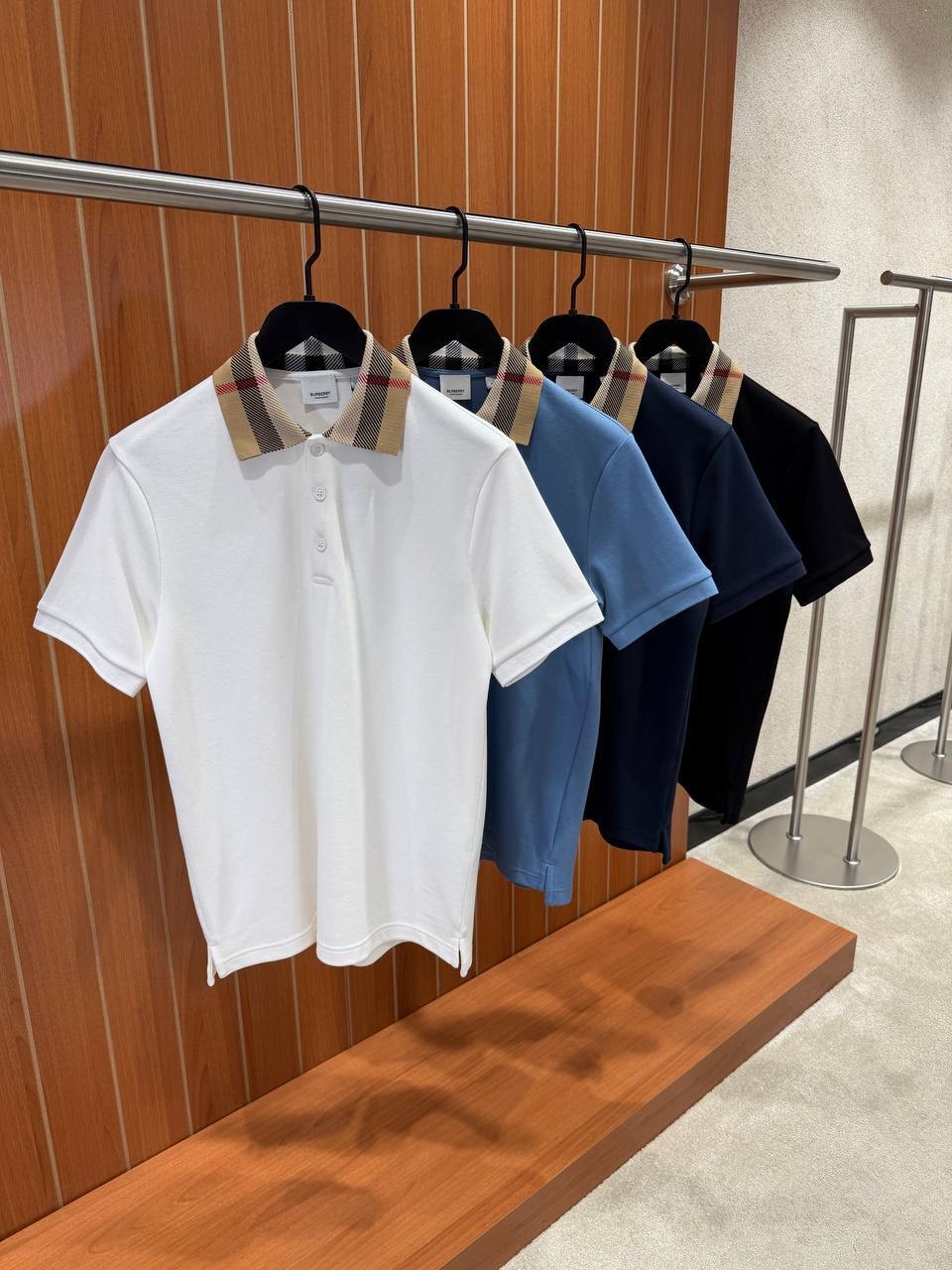 Navy Burberry check-collar cotton polo tee - Image 6