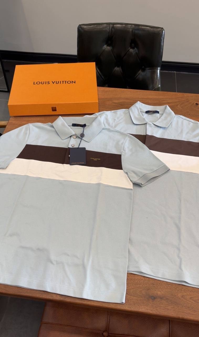Sky-blue LV Short-Sleeved polo cotton piqué tee - Image 2