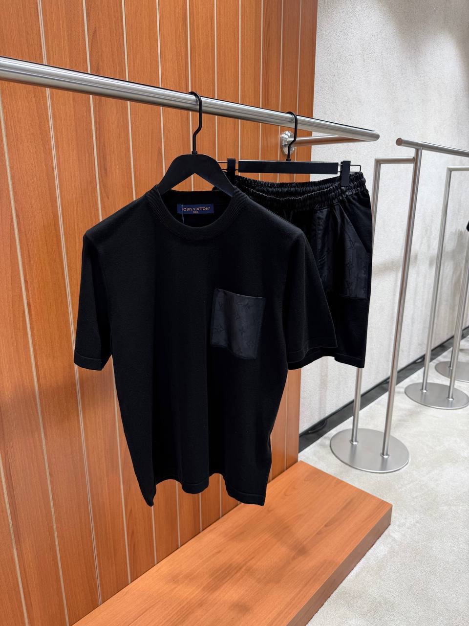 Black LV Monogram nylon details cotton shorts set