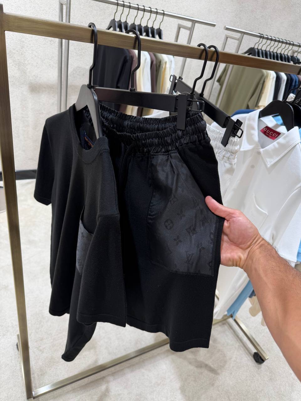 Black LV Monogram nylon details cotton shorts set - Image 3