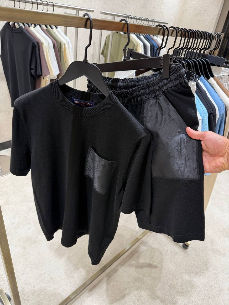 Black LV Monogram nylon details cotton shorts set - Image 6
