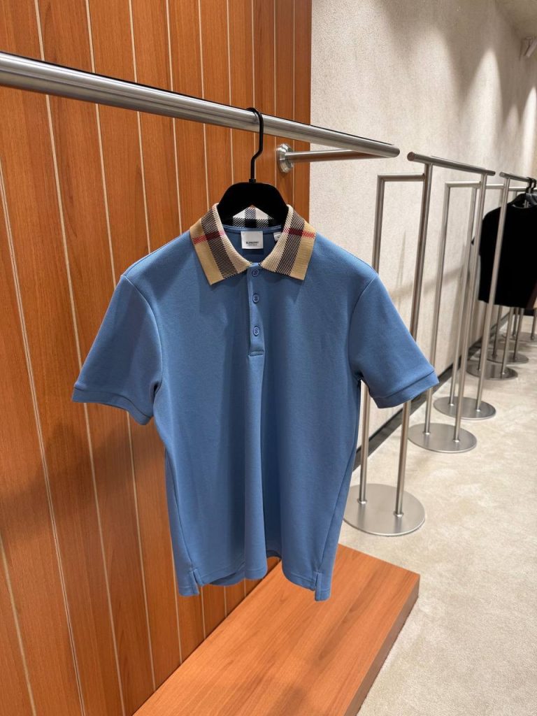 Blue Burberry check-collar cotton polo tee
