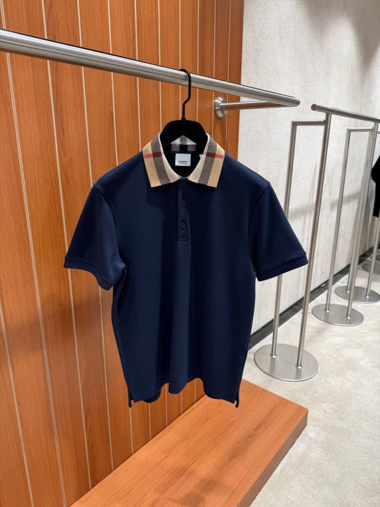 Navy Burberry check-collar cotton polo tee