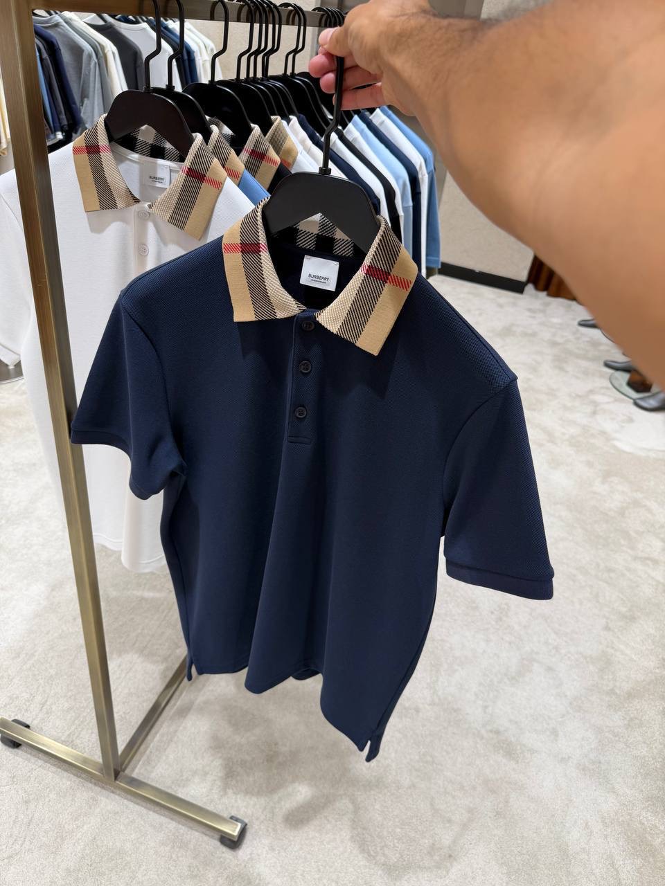 Navy Burberry check-collar cotton polo tee - Image 2