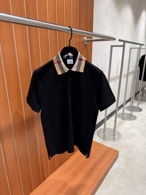Black Burberry check-collar cotton polo tee