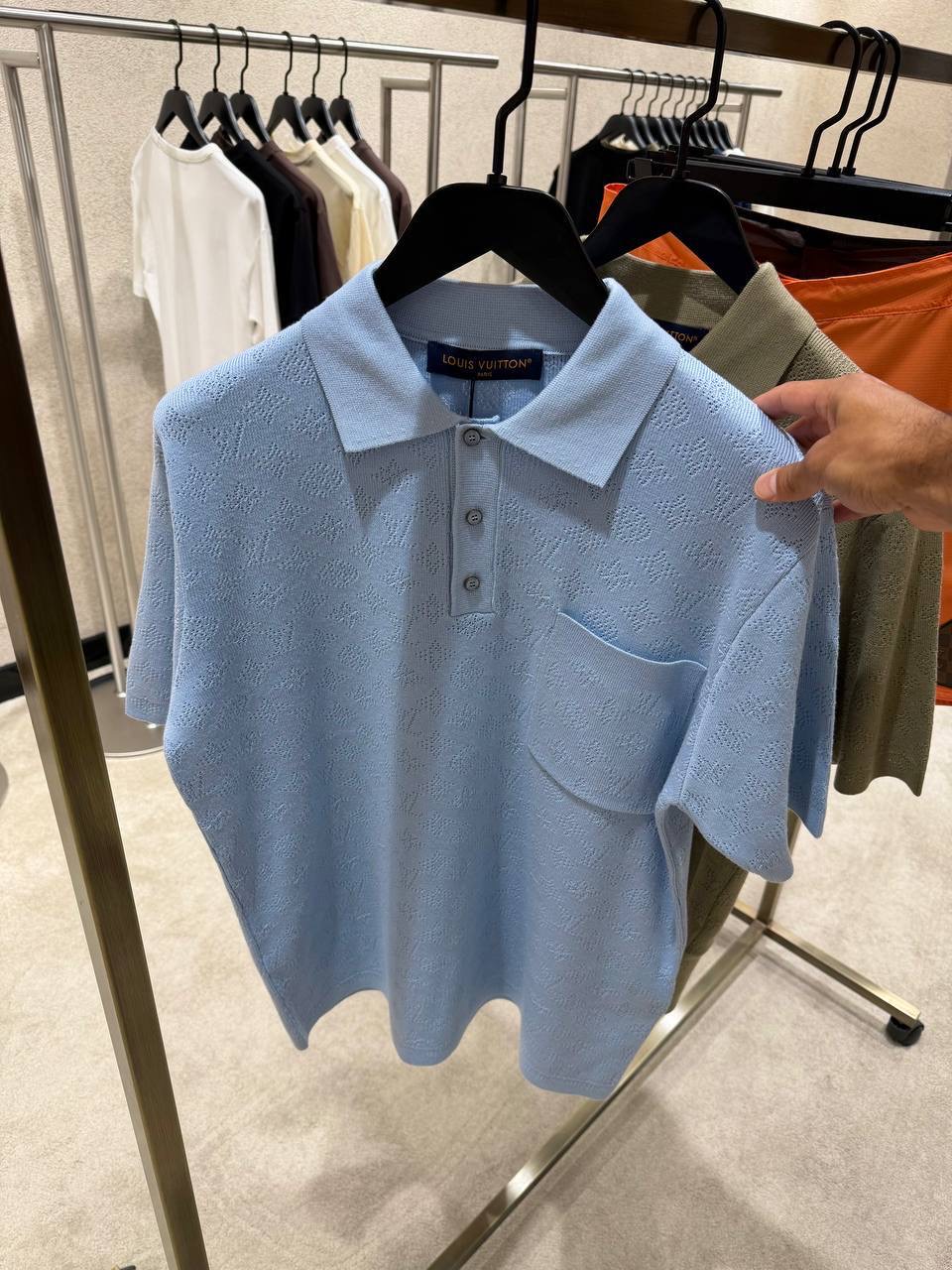 Blue LV Monogram pointelle short-sleeved polo tee - Image 2