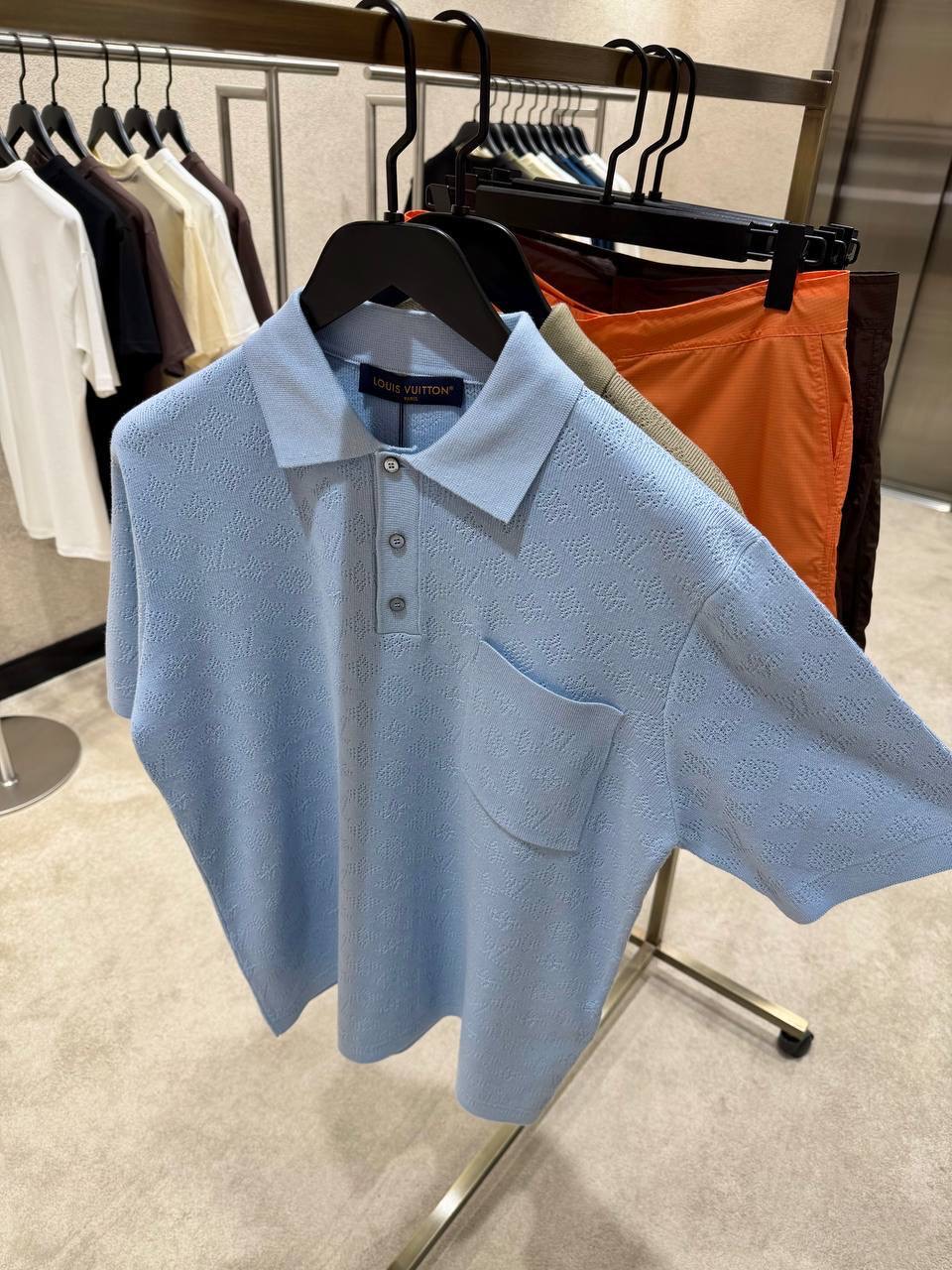 Blue LV Monogram pointelle short-sleeved polo tee - Image 3