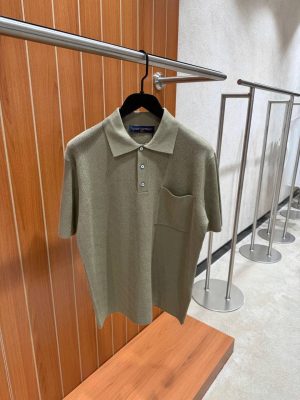 Khaki LV Monogram pointelle short-sleeved polo tee