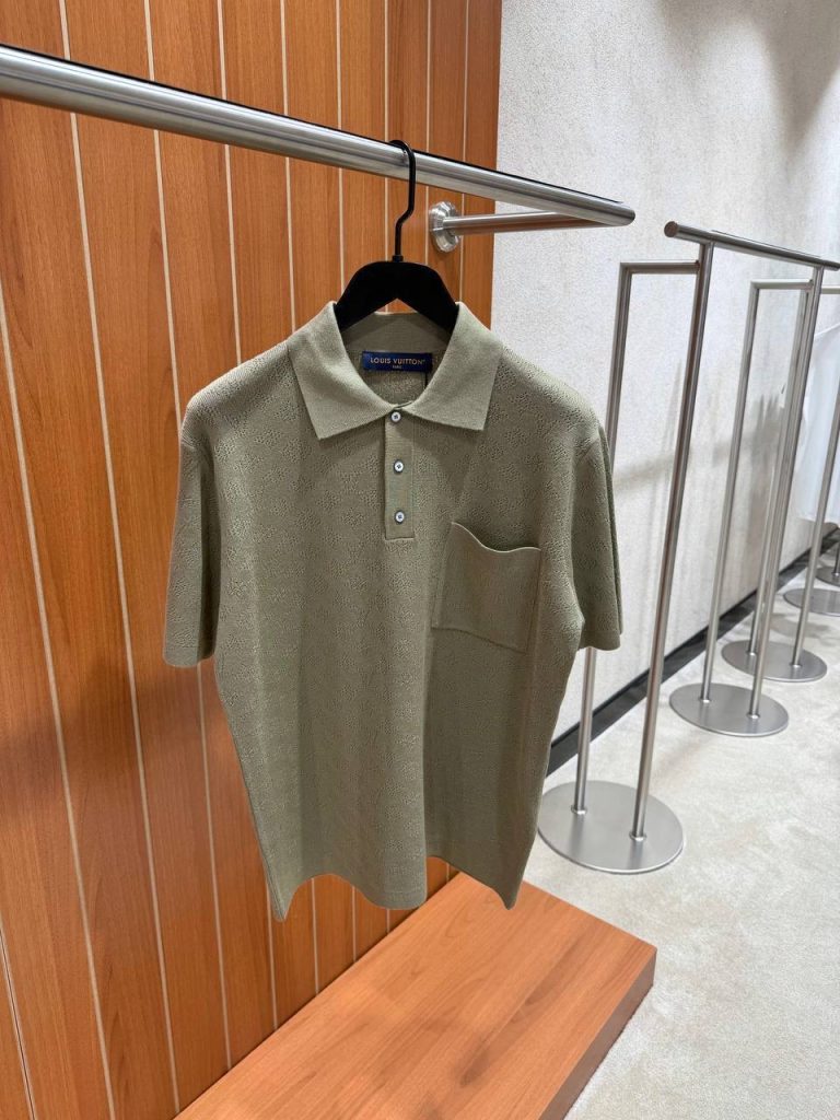 Khaki LV Monogram pointelle short-sleeved polo tee