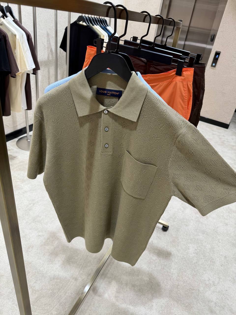 Khaki LV Monogram pointelle short-sleeved polo tee - Image 3