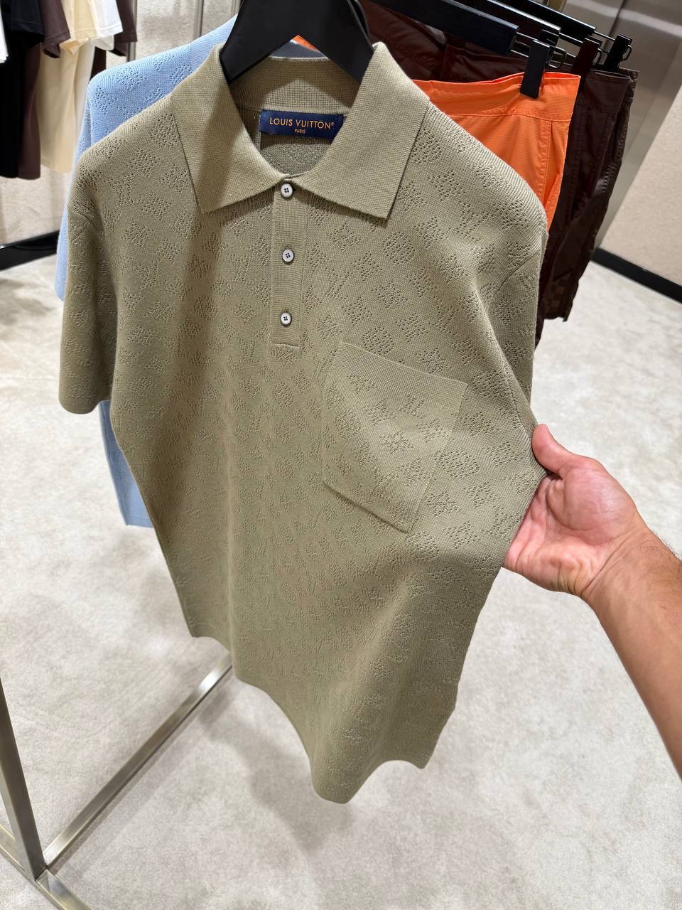 Khaki LV Monogram pointelle short-sleeved polo tee - Image 4