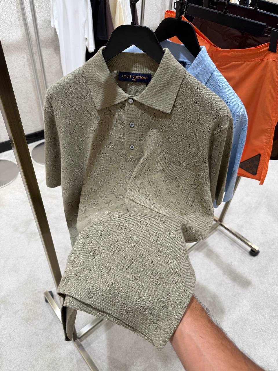 Khaki LV Monogram pointelle short-sleeved polo tee - Image 10