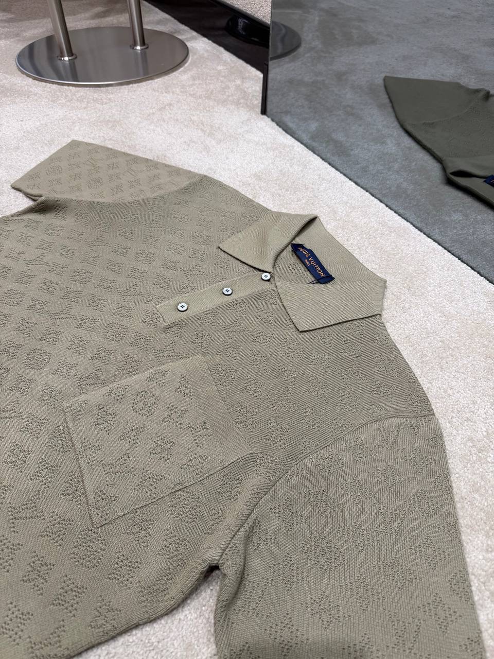 Khaki LV Monogram pointelle short-sleeved polo tee - Image 7