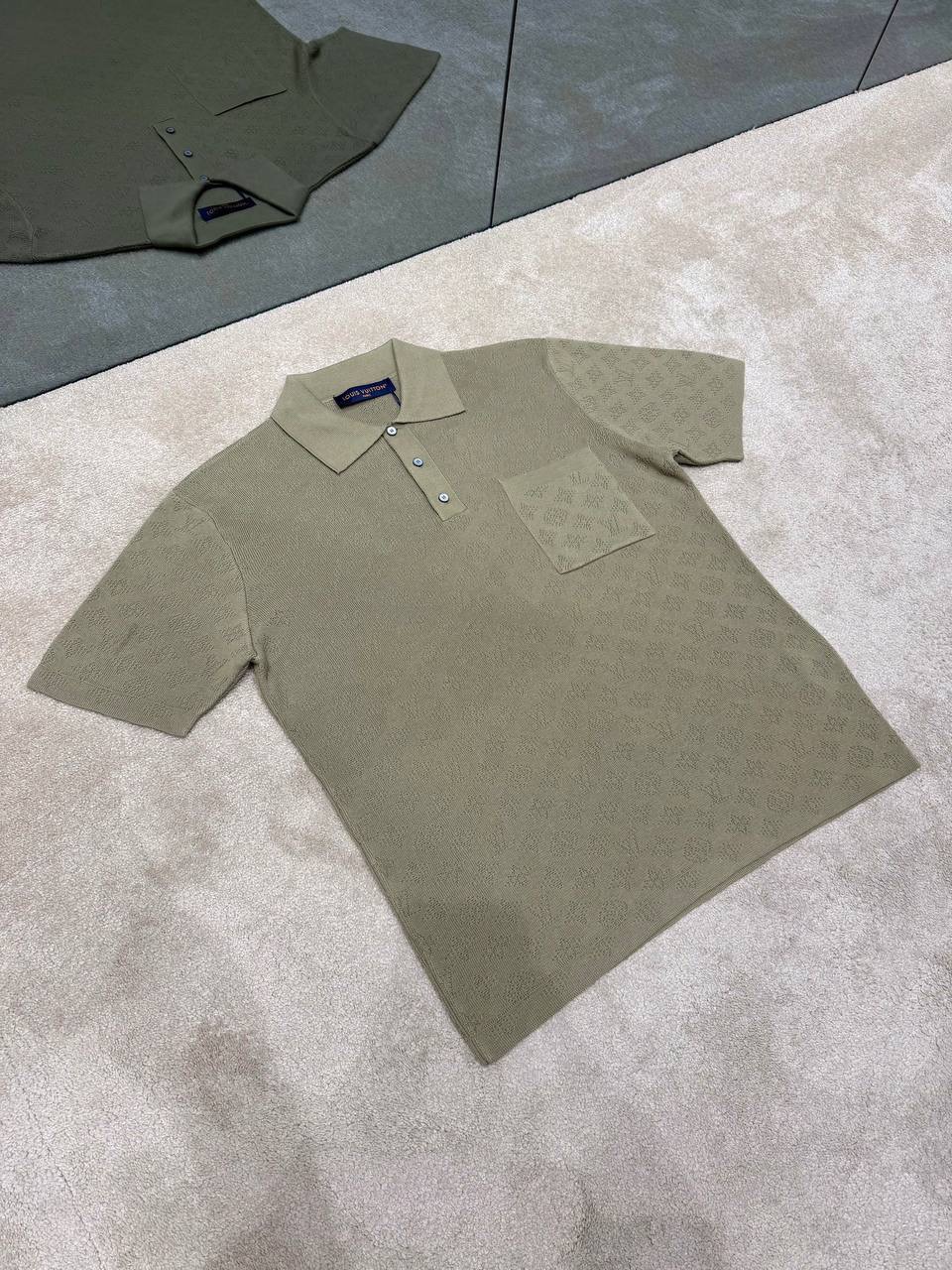 Khaki LV Monogram pointelle short-sleeved polo tee - Image 6