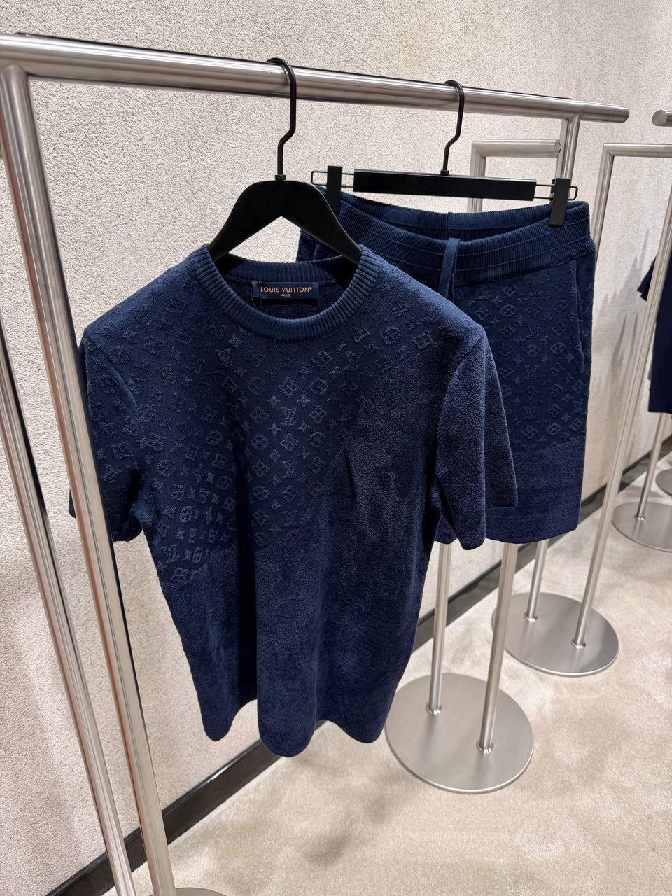 Navy LV Graphic Jacquard short-sleeved crewneck shorts set - Image 2