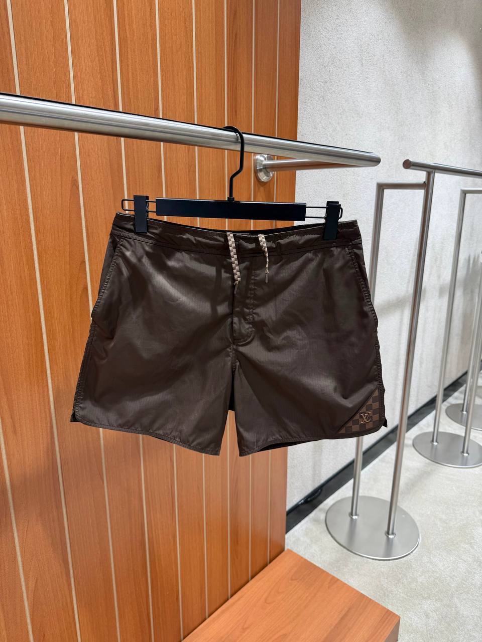 Brown LV damier heritage patch signature swim shorts